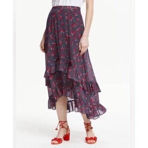 Boden Coraline Navy‎ Floral High-Low Ruffle Midi Skirt Size 4 Boho Romantic